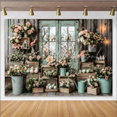 Lofaris Rustic Wood Easter Backdrop with Pastel Flowers and Eggs Mint Green Window Photography Background for Spring
