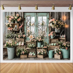 Lofaris Rustic Wood Easter Backdrop with Pastel Flowers and Eggs Mint Green Window Photography Background for Spring