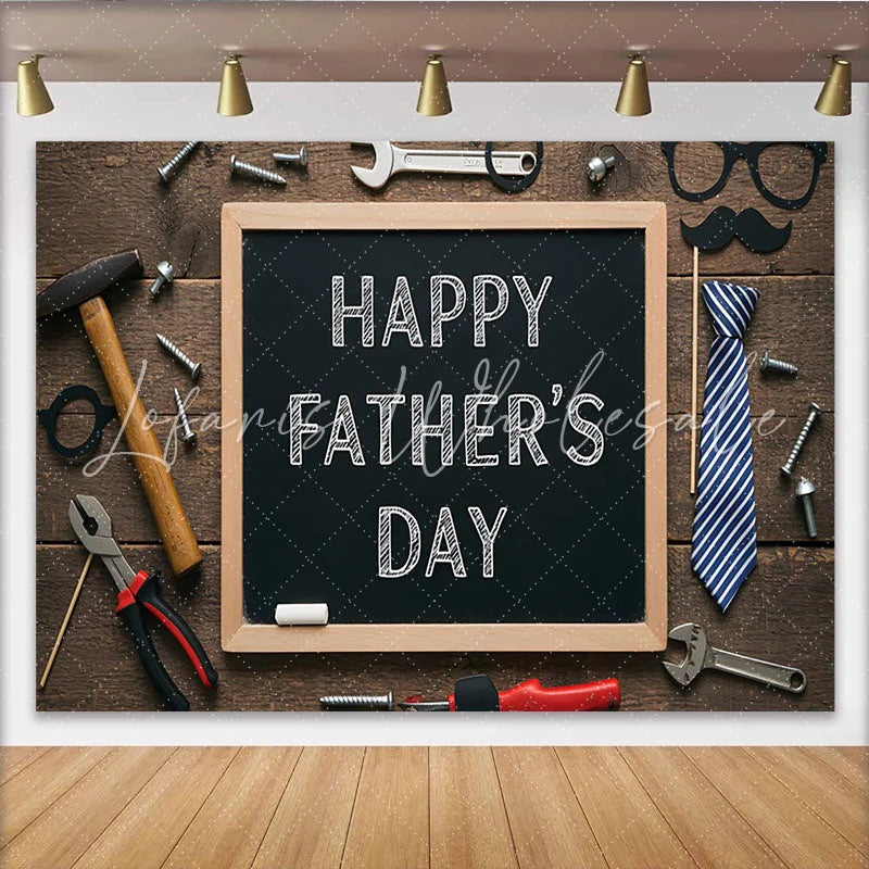 Lofaris Rustic Wood Fathers Day Backdrop with Tools and Mustache Props Chalkboard Background for Celebration Party Decor