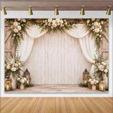 Lofaris Rustic Wood Floral Photography Backdrop with White Drapes Elegant Studio Background for Portrait Photoshoot and Event Decor