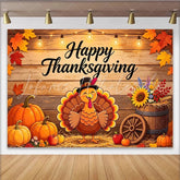Lofaris Rustic Wood Happy Thanksgiving Backdrop with Cartoon Turkey Autumn Harvest Party Background for Photography