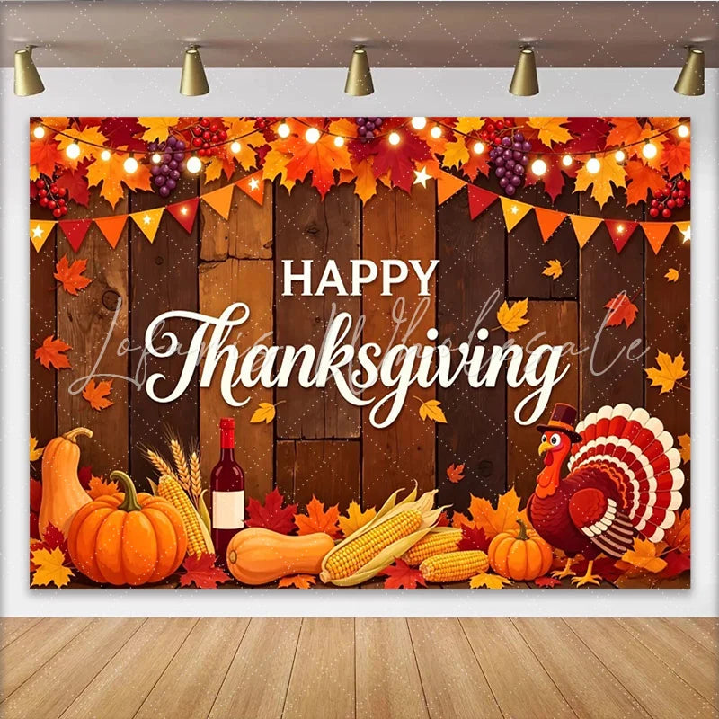 Lofaris Rustic Wood Happy Thanksgiving Backdrop with Fall Leaves Pumpkins and Turkey Autumn Harvest Party Background for Photography