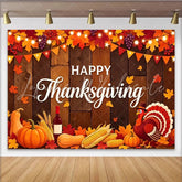 Lofaris Rustic Wood Happy Thanksgiving Backdrop with Fall Leaves Pumpkins and Turkey Autumn Harvest Party Background for Photography