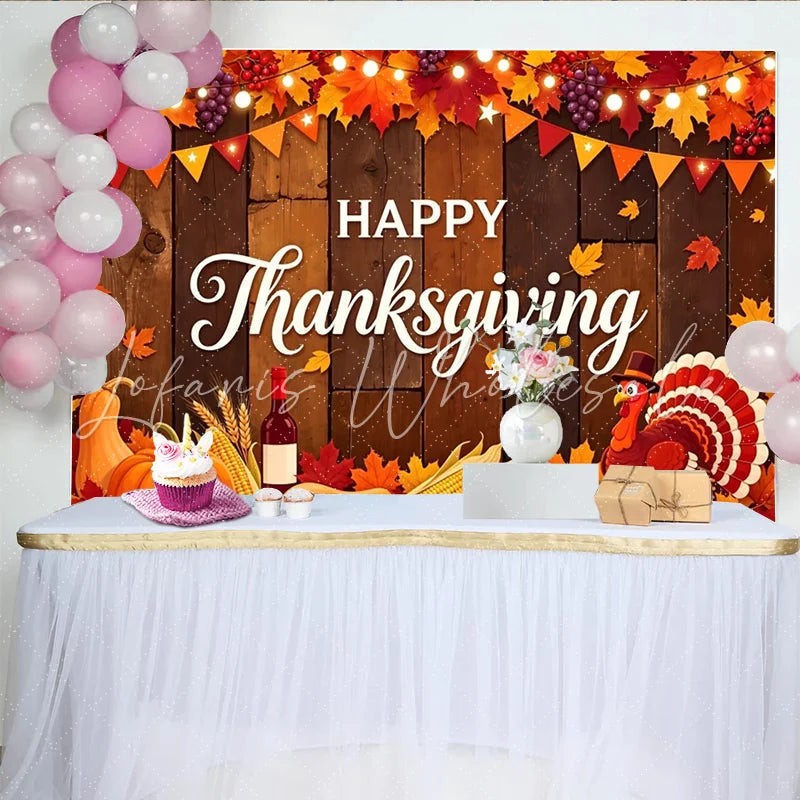 Lofaris Rustic Wood Happy Thanksgiving Backdrop with Fall Leaves Pumpkins and Turkey Autumn Harvest Party Background for Photography