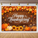 Lofaris Rustic Wood Happy Thanksgiving Backdrop with Pumpkins Sunflowers and Autumn Leaves Festive Fall Harvest Party Decor for Photography