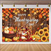 Lofaris Rustic Wood Happy Thanksgiving Backdrop with Turkey Pumpkins and Autumn Leaves Autumn Harvest Festival Photography Background