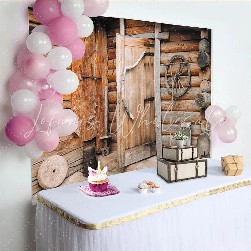 Lofaris Rustic Wood Log Cabin Photography Backdrop with Vintage Door and Wagon Wheel Old Farmhouse Studio Background for Portrait Photoshoot