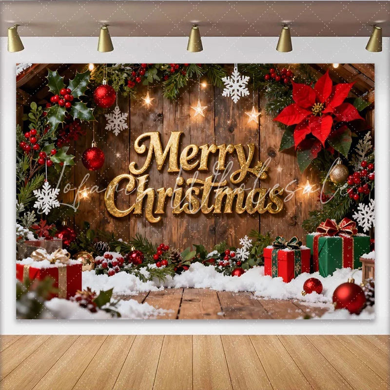 Lofaris Rustic Wood Merry Christmas Party Backdrop featuring Golden Text Holly Berries and Snow for Festive Holiday Decor
