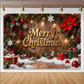 Lofaris Rustic Wood Merry Christmas Party Backdrop featuring Golden Text Holly Berries and Snow for Festive Holiday Decor