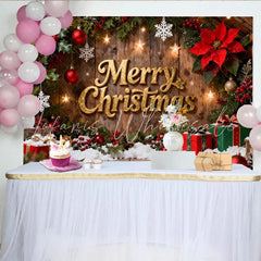 Lofaris Rustic Wood Merry Christmas Party Backdrop featuring Golden Text Holly Berries and Snow for Festive Holiday Decor