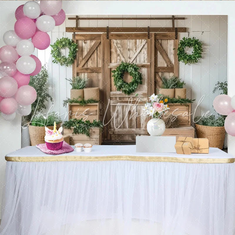 Lofaris Rustic Wood Photography Backdrop with Barn Door and Green Wreaths Farmhouse Style Background for Studio Photoshoot