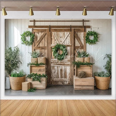 Lofaris Rustic Wood Photography Backdrop with Barn Door and Green Wreaths Farmhouse Style Background for Studio Photoshoot