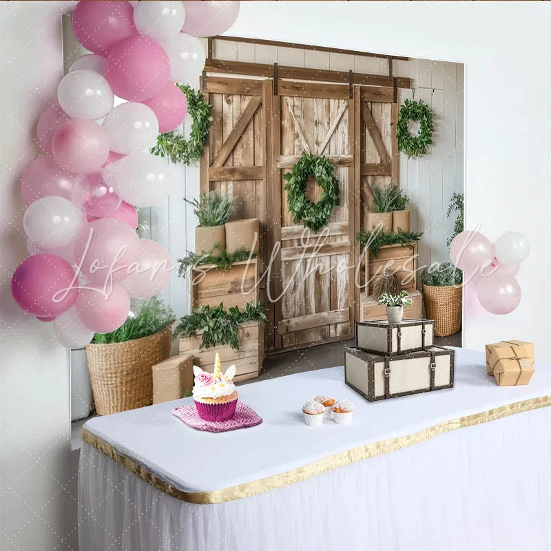 Lofaris Rustic Wood Photography Backdrop with Barn Door and Green Wreaths Farmhouse Style Background for Studio Photoshoot