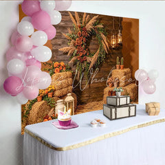 Lofaris Rustic Wood Photography Backdrop with Pampas Grass Wreath and Hay Bales Autumn Farmhouse Background for Fall Harvest Party Decor