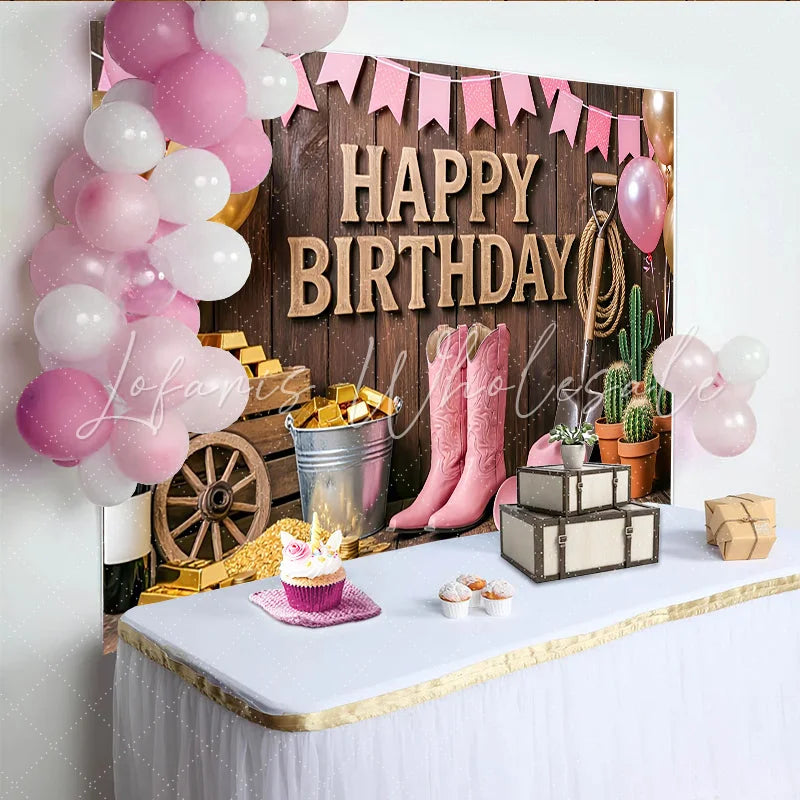 Lofaris Rustic Wood Pink Cowgirl Birthday Backdrop with Gold Balloons Western Party Decor for Girls Photoshoot