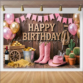 Lofaris Rustic Wood Pink Cowgirl Birthday Backdrop with Gold Balloons Western Party Decor for Girls Photoshoot