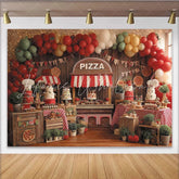 Lofaris Rustic Wood Pizza Stand Birthday Backdrop with Red Green Yellow Balloons and Cakes Italian Party Decor