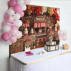 Lofaris Rustic Wood Pizza Stand Birthday Backdrop with Red Green Yellow Balloons and Cakes Italian Party Decor