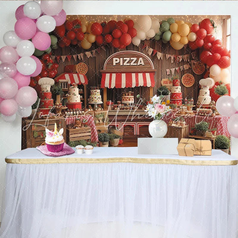 Lofaris Rustic Wood Pizza Stand Birthday Backdrop with Red Green Yellow Balloons and Cakes Italian Party Decor