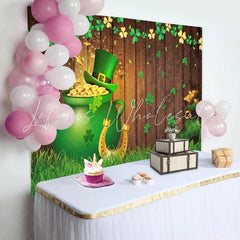 Lofaris Rustic Wood St Patricks Day Backdrop Pot of Gold Clovers Leprechaun Hat Spring Party Photography Background