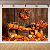 Lofaris Rustic Wood Thanksgiving Backdrop with Pumpkins and Autumn Leaves Fall Harvest Barn Door Background for Photography