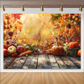 Lofaris Rustic Wood Thanksgiving Backdrop with Pumpkins and Autumn Leaves Golden Bokeh Harvest Photography Background for Party Decor