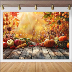 Lofaris Rustic Wood Thanksgiving Backdrop with Pumpkins and Autumn Leaves Golden Bokeh Harvest Photography Background for Party Decor