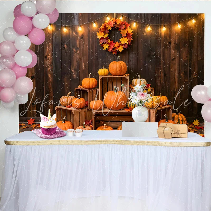Lofaris Rustic Wood Thanksgiving Backdrop with Pumpkins and Fall Leaves Warm String Lights Photo for Autumn Harvest Party Decor