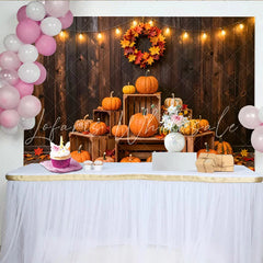 Lofaris Rustic Wood Thanksgiving Backdrop with Pumpkins and Fall Leaves Warm String Lights Photo for Autumn Harvest Party Decor