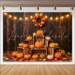 Lofaris Rustic Wood Thanksgiving Backdrop with Pumpkins and Fall Leaves Warm String Lights Photo for Autumn Harvest Party Decor