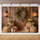 Lofaris Rustic Wood Wall Photography Backdrop Farmhouse Hay Bales and Lanterns Studio Background for Portraits