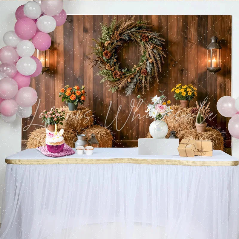 Lofaris Rustic Wood Wall Photography Backdrop Farmhouse Hay Bales and Lanterns Studio Background for Portraits