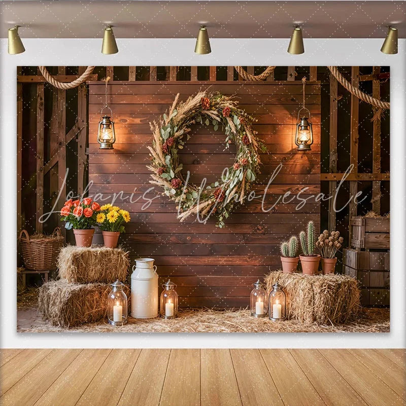 Lofaris Rustic Wood Wall Photography Backdrop with Floral Wreath and Lanterns Farmhouse Style Background for Studio Photoshoot and Event