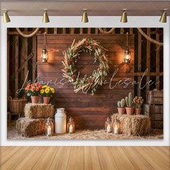 Lofaris Rustic Wood Wall Photography Backdrop with Floral Wreath and Lanterns Farmhouse Style Background for Studio Photoshoot and Event
