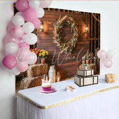 Lofaris Rustic Wood Wall Photography Backdrop with Floral Wreath and Lanterns Farmhouse Style Background for Studio Photoshoot and Event