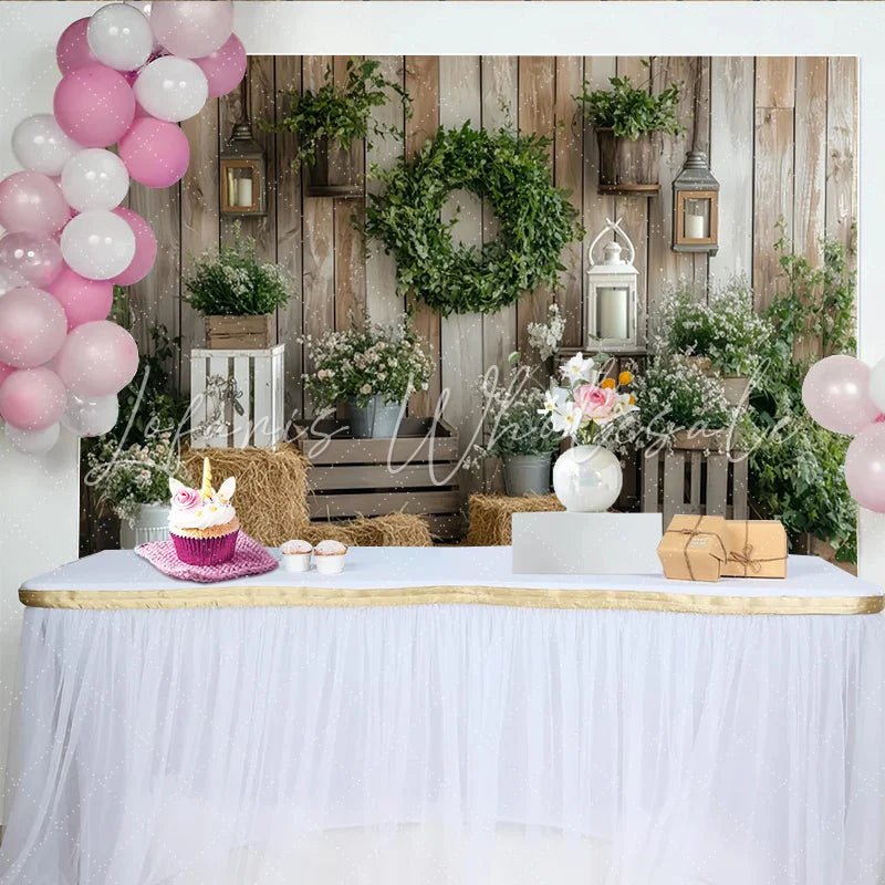 Lofaris Rustic Wood Wall Photography Backdrop with Greenery and White Flowers Elegant Studio Background for Farmhouse Photoshoot