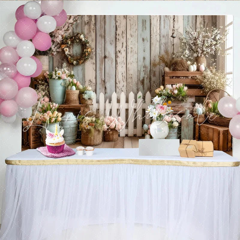 Lofaris Rustic Wood Wall Spring Photography Backdrop with Pastel Flowers White Picket Fence and Easter Eggs Studio Photo Background