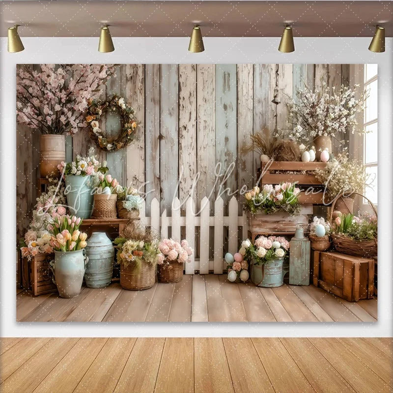 Lofaris Rustic Wood Wall Spring Photography Backdrop with Pastel Flowers White Picket Fence and Easter Eggs Studio Photo Background