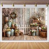 Lofaris Rustic Wood Wall Spring Photography Backdrop with Pastel Flowers White Picket Fence and Easter Eggs Studio Photo Background