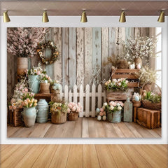 Lofaris Rustic Wood Wall Spring Photography Backdrop with Pastel Flowers White Picket Fence and Easter Eggs Studio Photo Background
