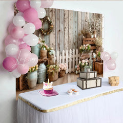 Lofaris Rustic Wood Wall Spring Photography Backdrop with Pastel Flowers White Picket Fence and Easter Eggs Studio Photo Background