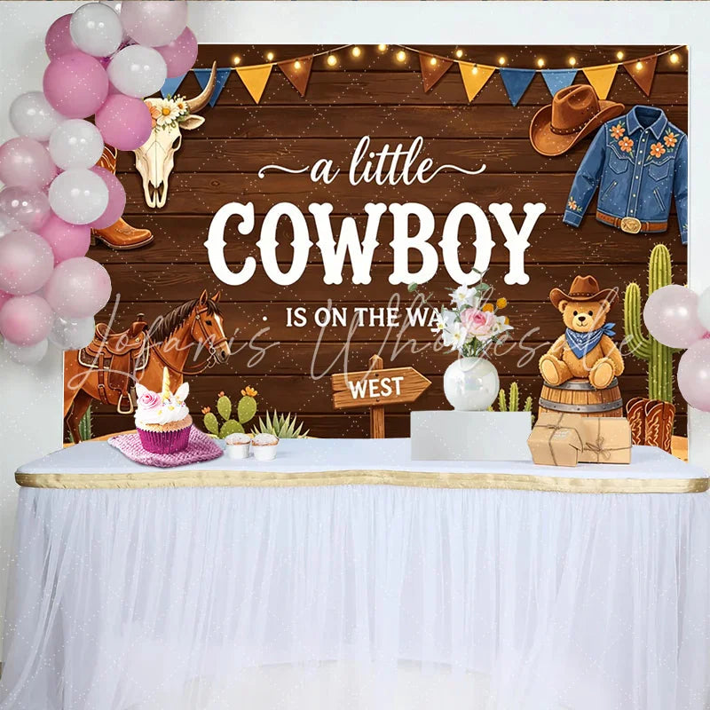 Lofaris Rustic Wood Western Cowboy Baby Shower Backdrop for Boy Cute Teddy Bear and Cactus Photography Background for Party Decor
