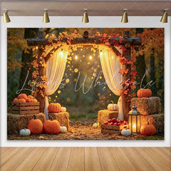 Lofaris Rustic Wooden Arch Fall Harvest Backdrop with Pumpkins and Autumn Leaves Warm Photography Background for Studio Photoshoot