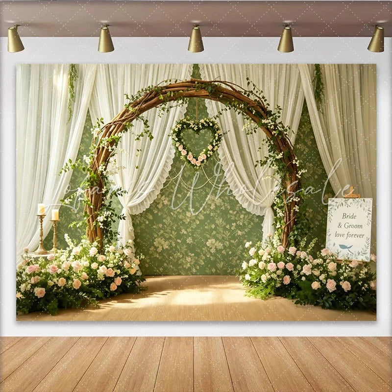 Lofaris Rustic Wooden Arch Wedding Backdrop with Pink Roses Elegant Floral Background for Romantic Ceremony Photoshoot