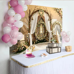 Lofaris Rustic Wooden Arch Wedding Backdrop with Stained Glass Window and Pink Roses Elegant Floral Photography Background for Romantic