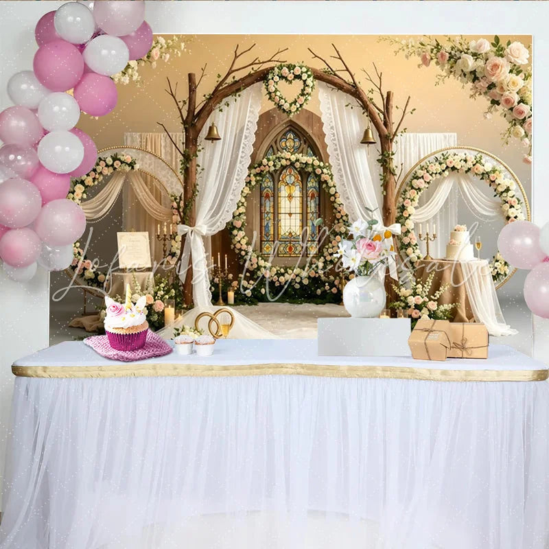 Lofaris Rustic Wooden Arch Wedding Backdrop with Stained Glass Window and Pink Roses Elegant Floral Photography Background for Romantic
