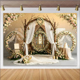 Lofaris Rustic Wooden Arch Wedding Backdrop with Stained Glass Window and Pink Roses Elegant Floral Photography Background for Romantic