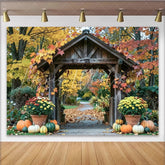 Lofaris Rustic Wooden Archway Autumn Photography Backdrop Colorful Fall Leaves and Pumpkins Decor for Studio Photoshoot