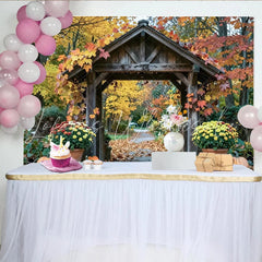 Lofaris Rustic Wooden Archway Autumn Photography Backdrop Colorful Fall Leaves and Pumpkins Decor for Studio Photoshoot