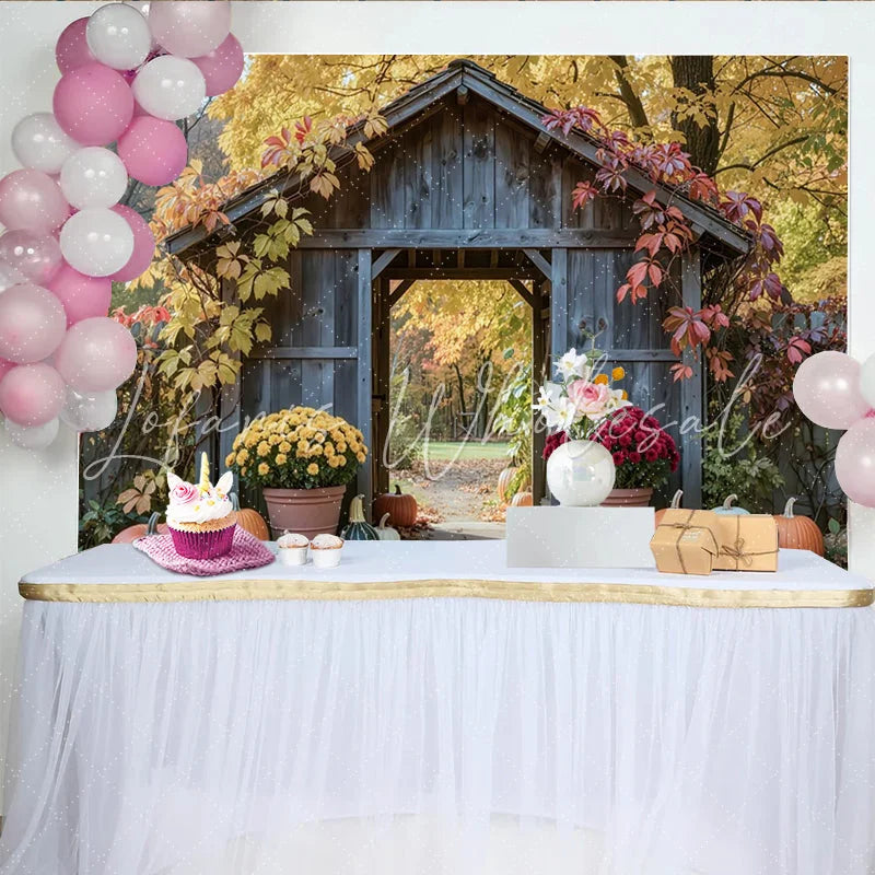 Lofaris Rustic Wooden Archway Fall Pumpkin Holiday Backdrop Colorful Autumn Leaves and Mums Photography Background